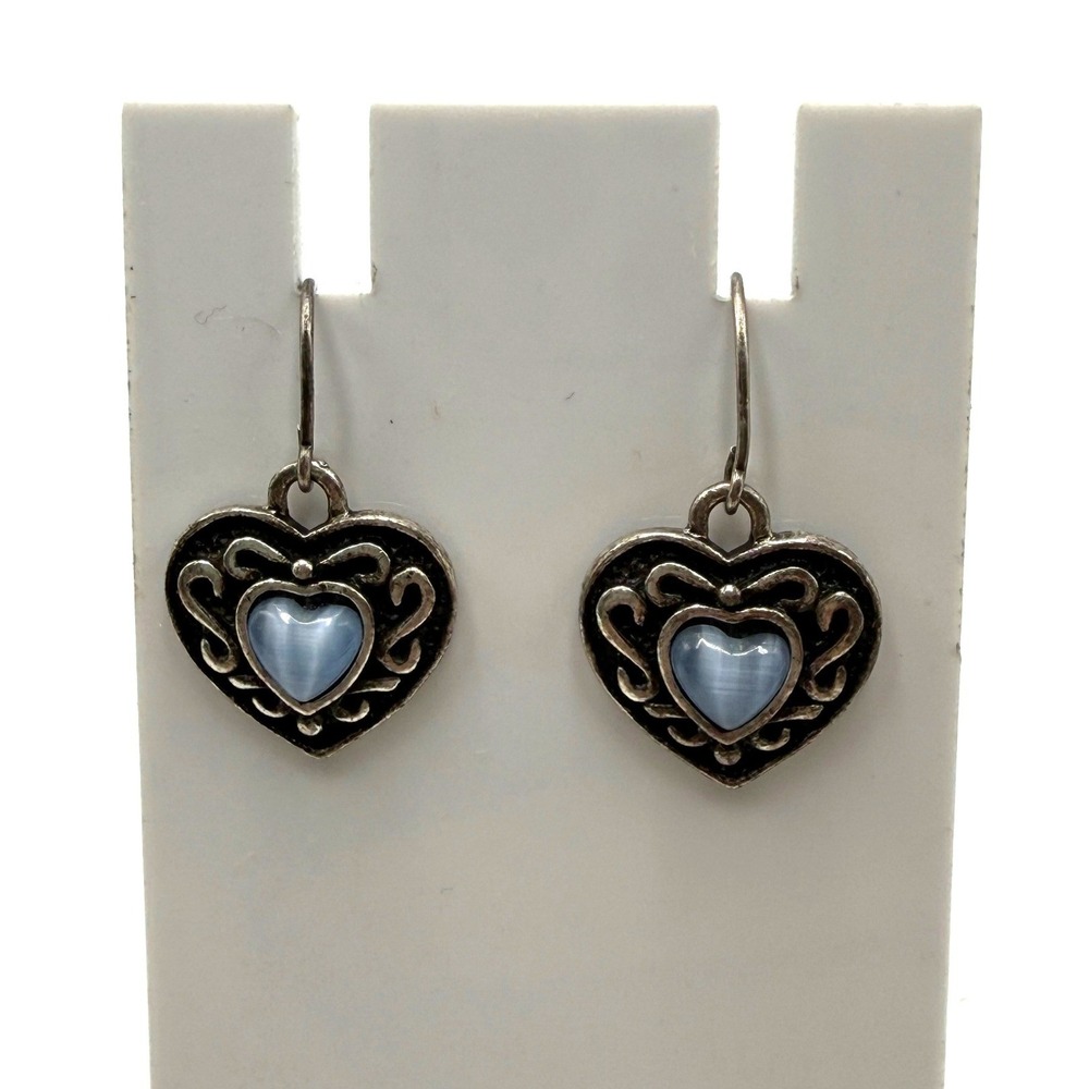 Vintage Heart Drop Earrings Blue Cats Eye Stone Silver Tone Filigree Dangle
